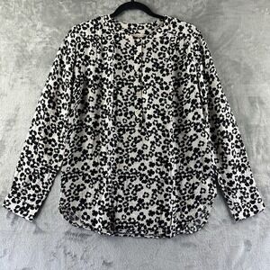 Loft Button Front Blouse Women's S Black White Floral Print Long Sleeve